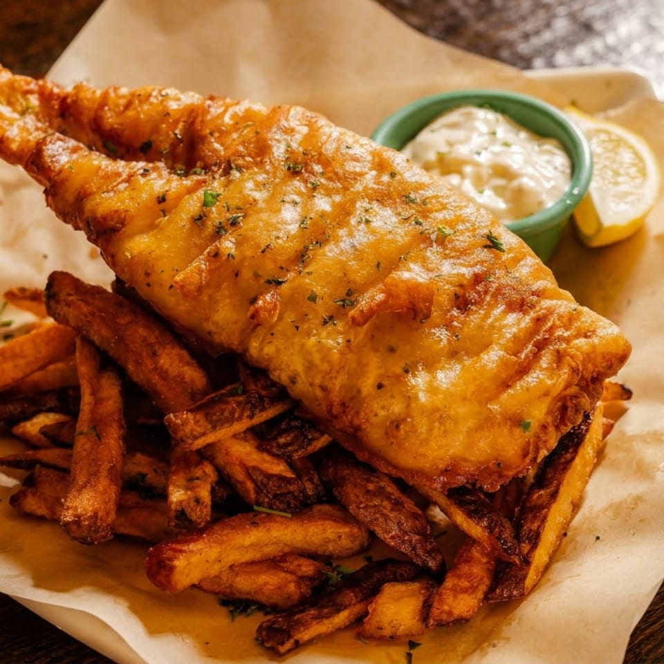 Golden battered fish fillet served over seasoned fries with tartar sauce and lemon on a paper-lined plate.