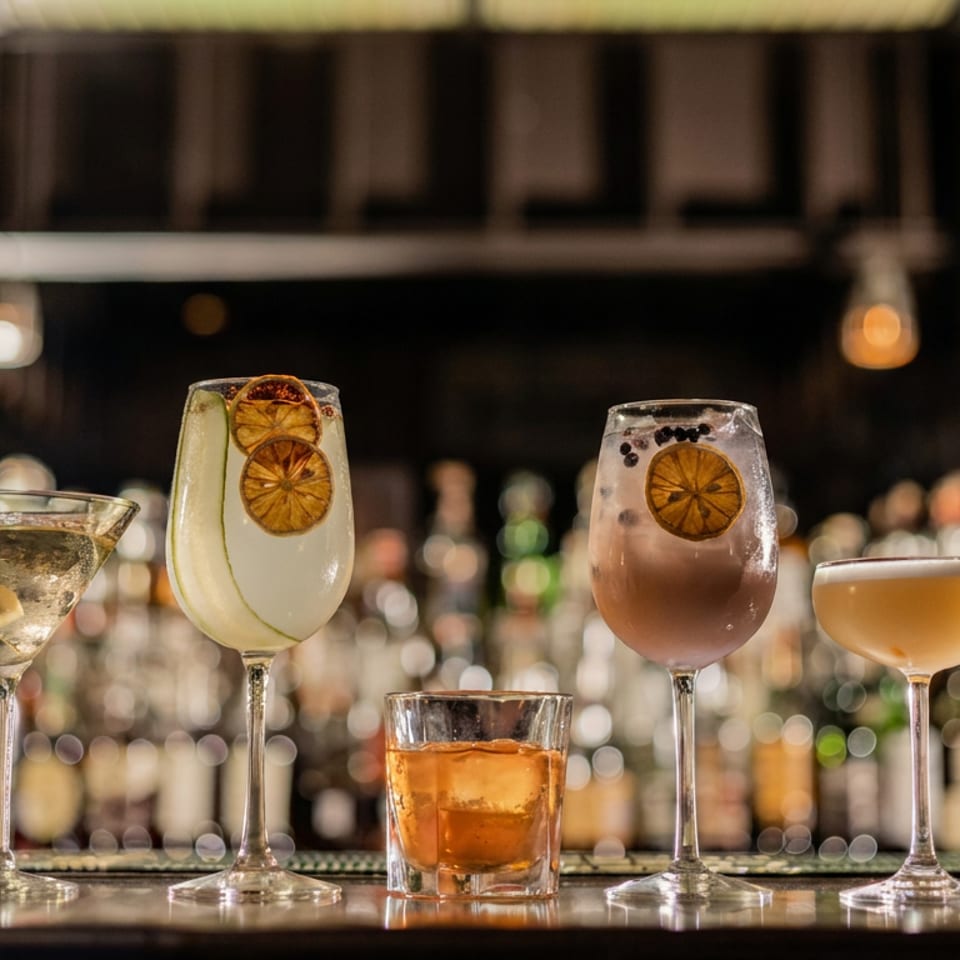 Five colorful cocktails sit on a polished bar, garnished with dried citrus and berries, against a softly blurred liquor display.