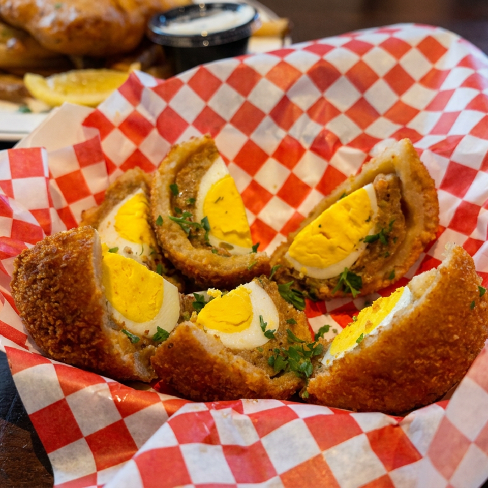 Crispy Scotch eggs cut open with golden yolks and herbs in a checkered basket, with fries and dipping sauce behind.