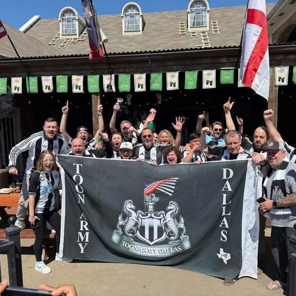 Newcastle supporters gathered outside with a Toon Army Dallas banner.