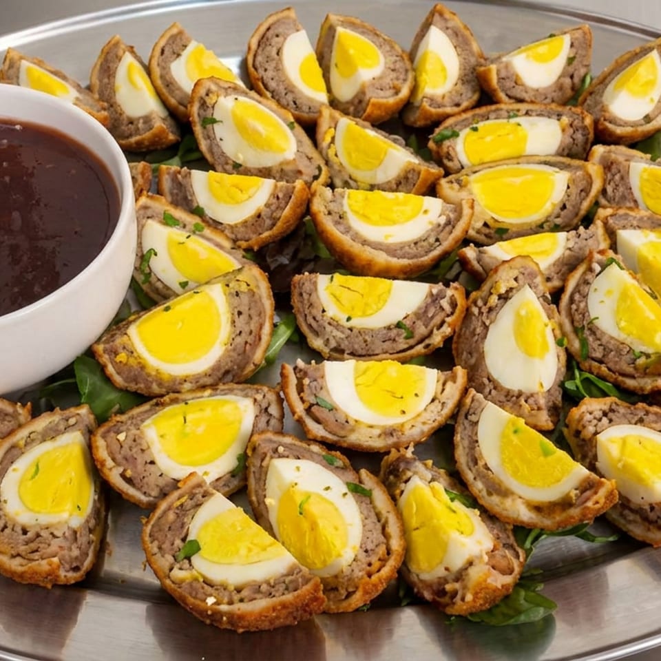 Sliced Scotch eggs arranged on greens around a bowl of dark dipping sauce.