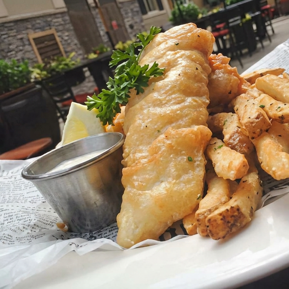 Golden battered fish and chips served with parsley, lemon, and dipping sauce on a newspaper-lined plate at an outdoor restaurant table.