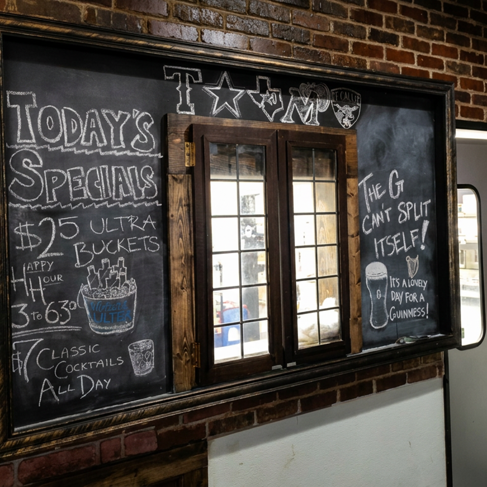 Framed chalkboard displays restaurant specials, including $25 ultra buckets, happy hour, classic cocktails, and Guinness promotion.