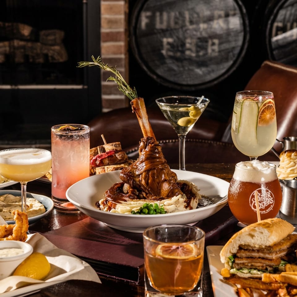 Rustic pub table covered with burgers, fries, lamb shank, assorted dishes, cocktails, and Guinness.