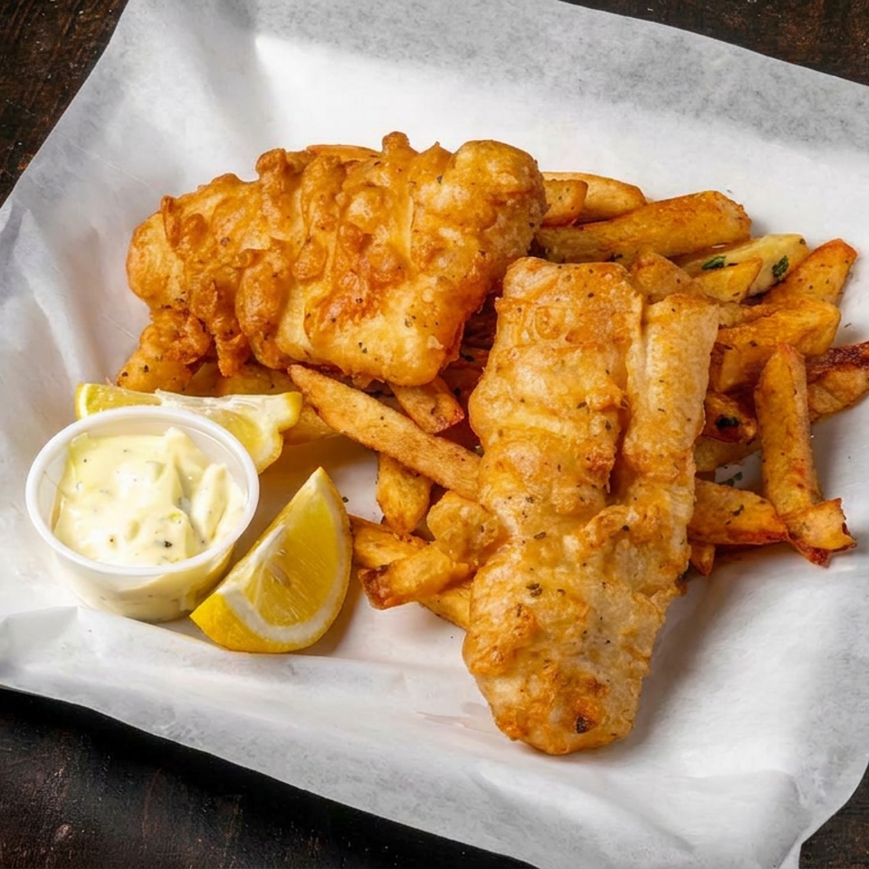 Crispy battered fish and fries served with lemon wedges and tartar sauce on parchment paper.