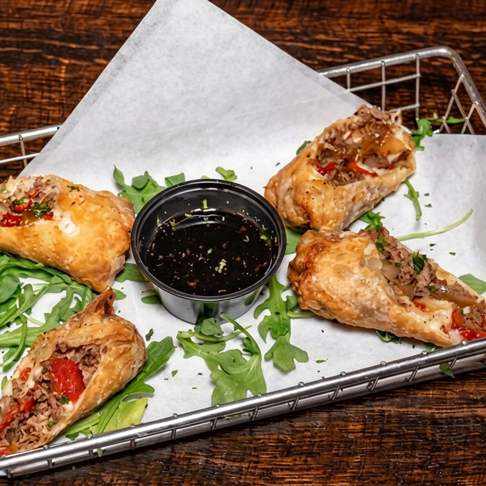 Four golden fried meat-filled pastries with red peppers on arugula, served with dipping sauce in a wire basket.