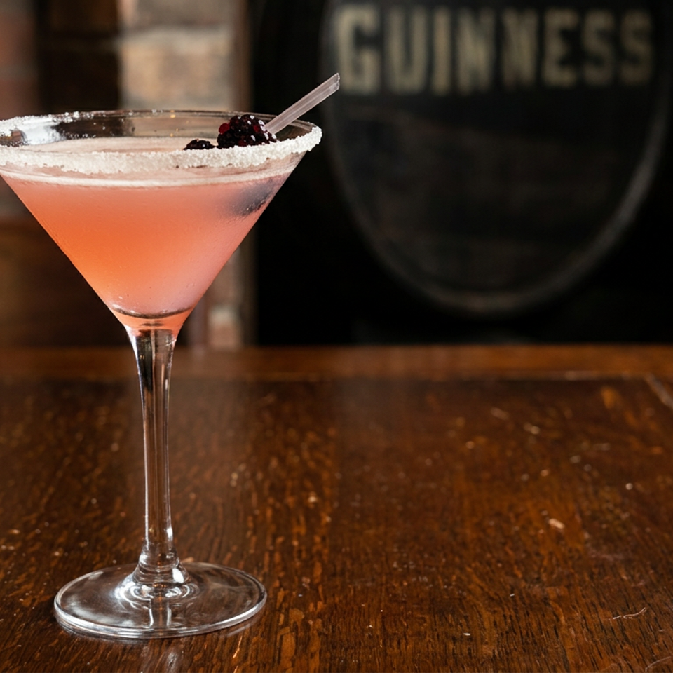 Pink cocktail in a sugar-rimmed martini glass garnished with dark berries on a rustic wooden bar.