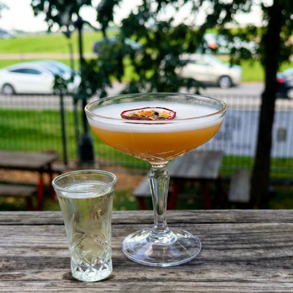 Golden cocktail garnished with dried citrus beside a clear shot glass on a weathered picnic table overlooking a grassy park and road.